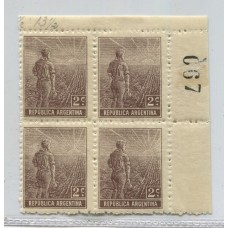 ARGENTINA 1911 GJ 327 ESTAMPILLAS NUEVAS MINT DENTADO 13 1/4 CUADRO CON BORDES ESQUINA DE HOJA NUMERADO U$ 138